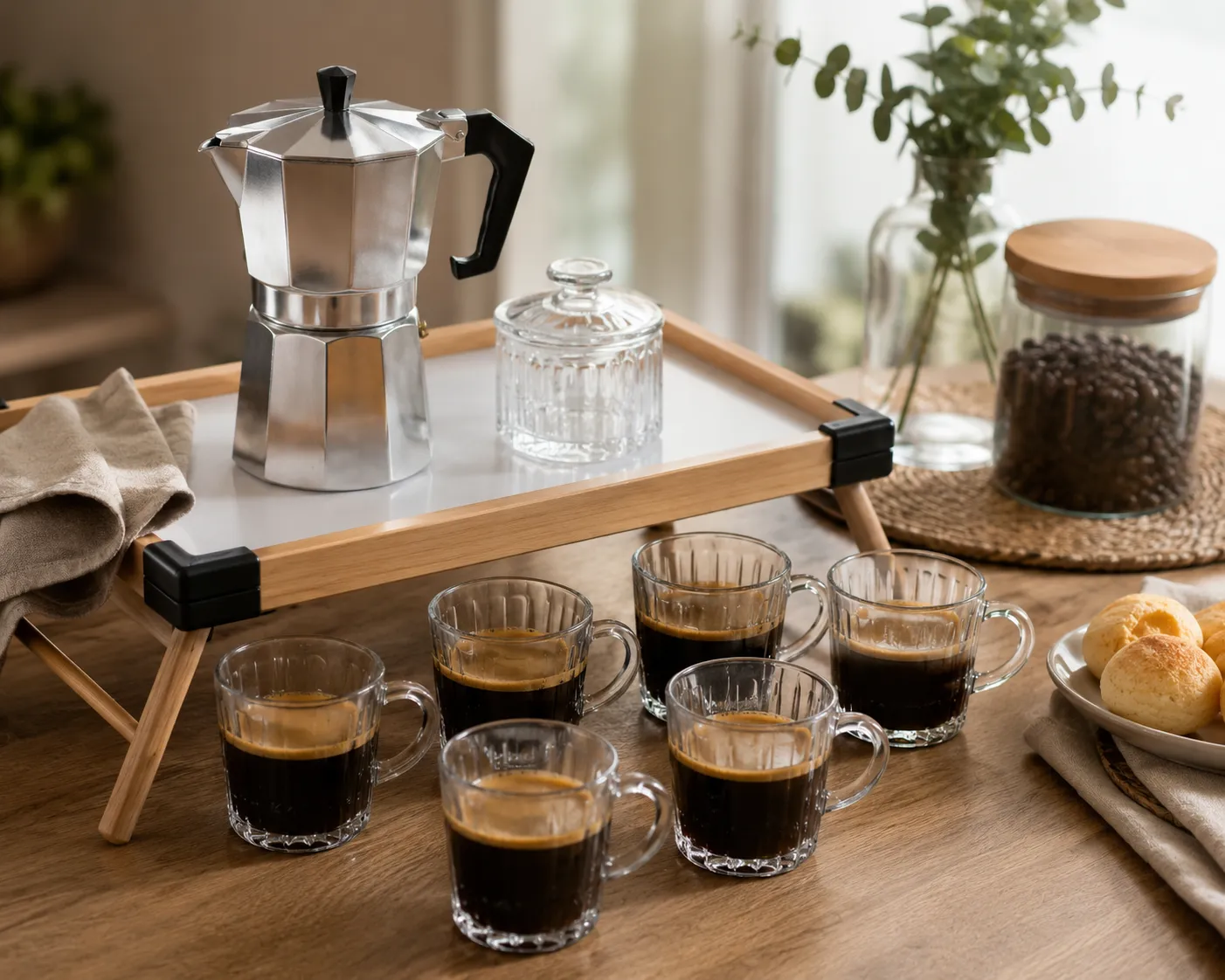 Kit Café da Manhã - 9 peças com Cafeteira Italiana, Canecas de Cristal e Bandeja
