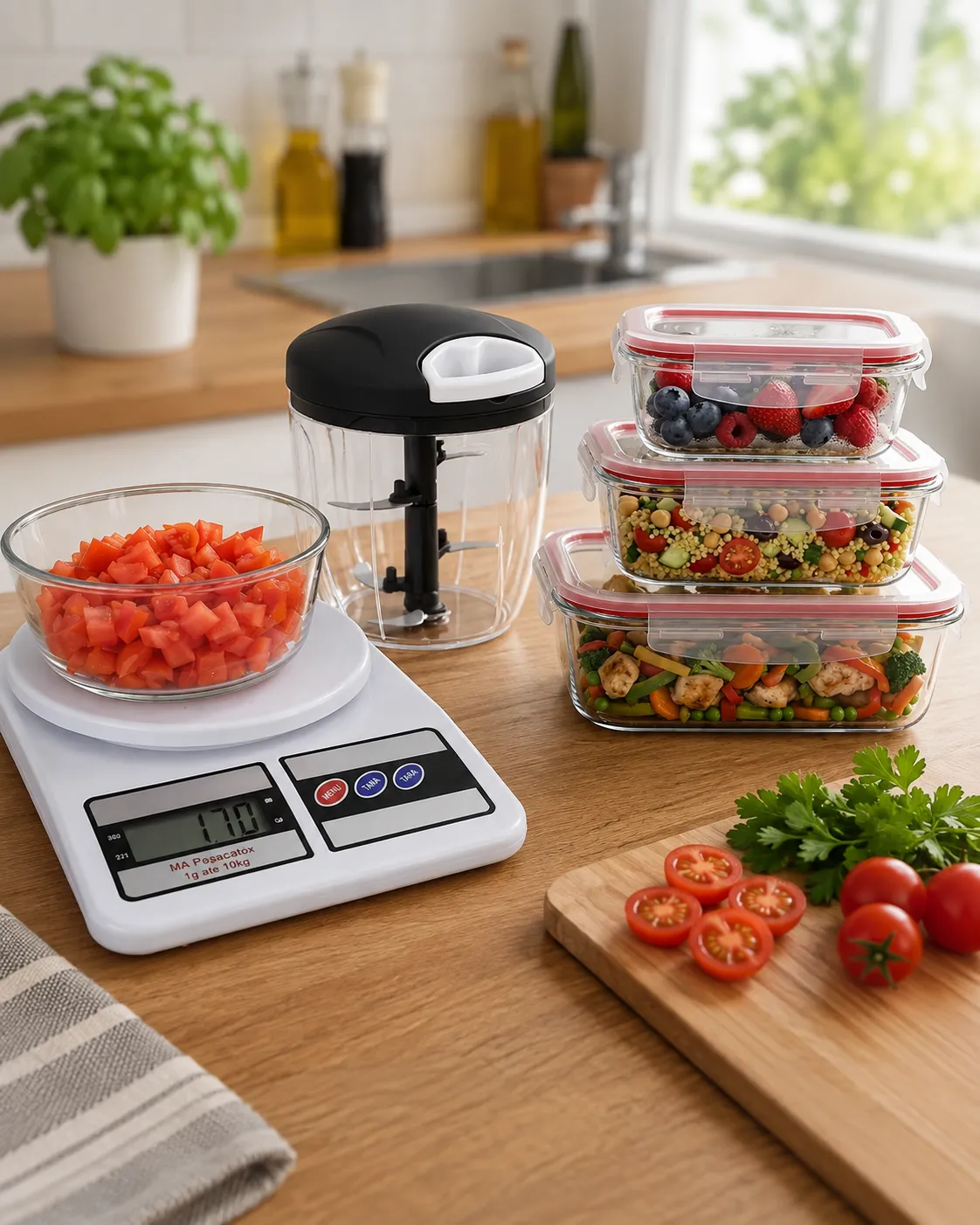 Kit Cozinha Prática - 5 peças com Balança Digital, Triturador e Potes de Vidro