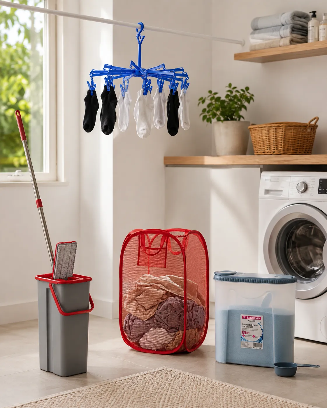 Kit Lavanderia Pronta - 4 peças com Mop Lava e Seca, Varal e Organizadores