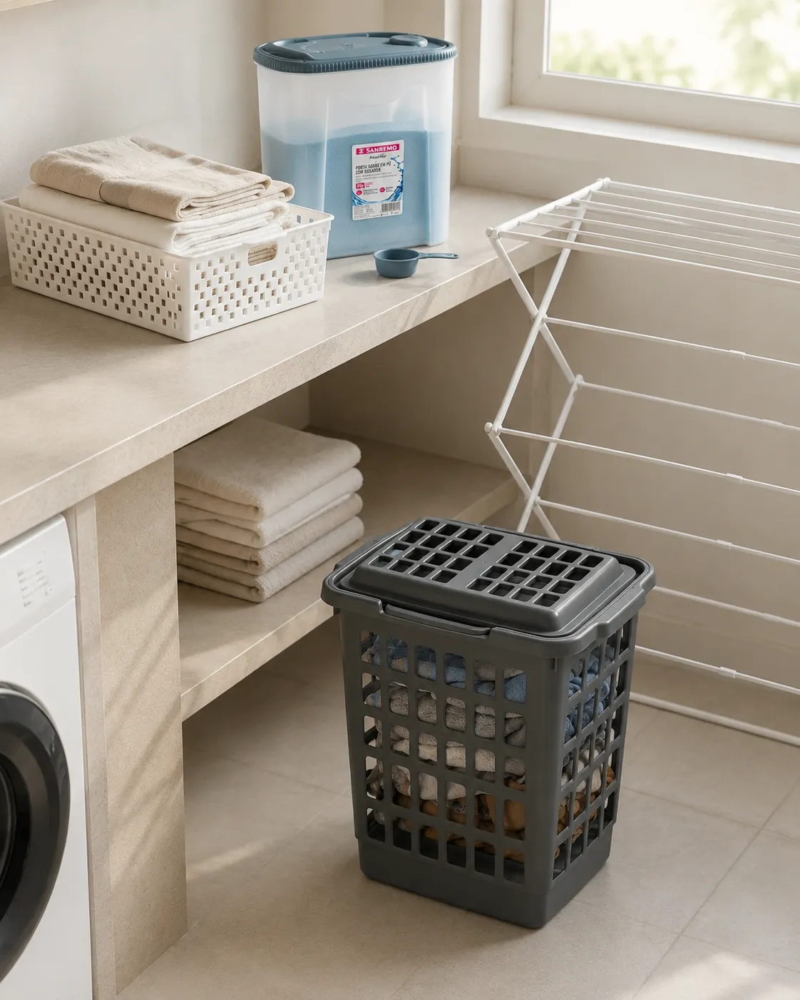 Kit Lavanderia - 4 peças com Varal Vertical Retrátil e Cestos Organizadores
